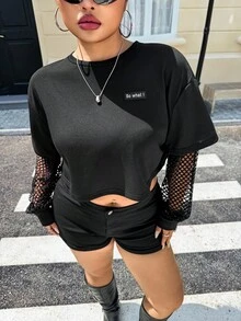 SHEIN EZwear Plus Size Letter Patched Contrast Fishnet Drop Shoulder Crop Top So What - Black - View 1