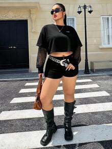 SHEIN EZwear Plus Size Letter Patched Contrast Fishnet Drop Shoulder Crop Top So What - Black - View 5