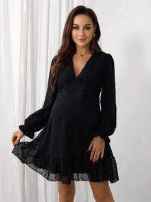 Momance 孕妇深V领荷叶边下摆长袖连衣裙 - 黑色 - 查看 6