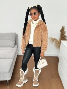 SHEIN Giacca con cappuccio reversibile in colore unito, foderata termicamente, per ragazze pre-adolescenti, adatta per l'autunno/inverno - Cammello - Visualizzare 4