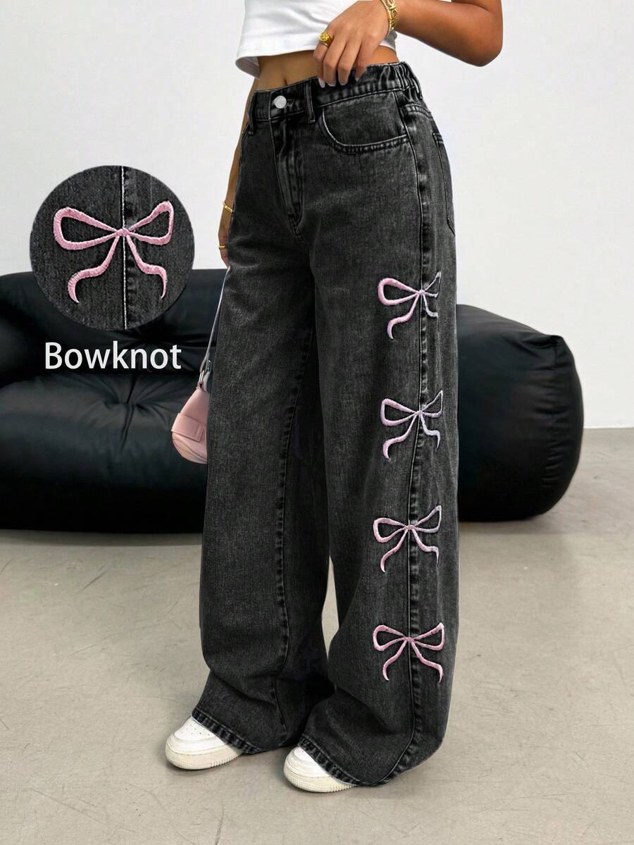 Tween Girls' Butterfly Embroidery Fashion Straight Loose Fit Versatile Jeans, Kawaii Pants, Bow Jeans, Jeans With Pink Bows, Baggy Jeans With Bow, Jeans For Girls Baggy - Dark Grey - View 1