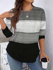 EMERY ROSE Monocromático Listrado Impressão Casual Fit Solto Gola Redonda Moletom, Plus Size - Multicolorido - Visão 3