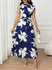 SHEIN Lady Women's Floral Printed Slant Shoulder Design Vacation Elegant Dresses - Blue and White - View 5