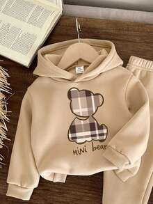 男婴休闲简约卡通熊图案针织柔软宽松连帽运动服，适合秋冬季