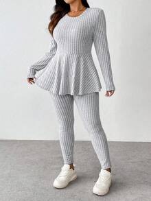 Vionelle Plus Size Solid Color Crew Neck Sweatshirt And Slim Fit Pants Casual Outfit Fall Cloth For Women - Light Grey - View 5