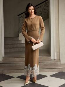 ZEYLAH Elegant Commuter Lace Patchwork Knit Dress & Cardigan Set - Khaki - View 6