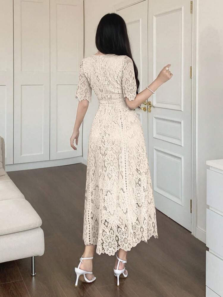 Elegant Lace Trim Short Sleeve Dress, Youthful And Refined Mini Dress