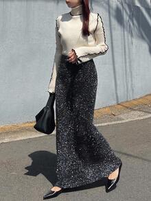 FRIFUL 女士弹力腰直筒亮片毛衣裙 冬季女裙 - 黑色 - 查看 2