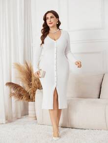 SHEIN Lacomfia Váy len dài tay tối giản màu trơn cỡ lớn, mặc hàng ngày - trắng - Xem 1