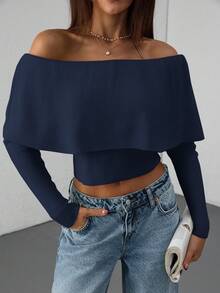 EURMUSE Casual Off Shoulder Bardot Ruffle Neckline Long Sleeve Sweater - Navy Blue - View 8