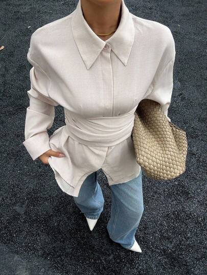 Siren Gaze 新款秋季女式休闲长袖衬衫，前扣开合，腰部收紧