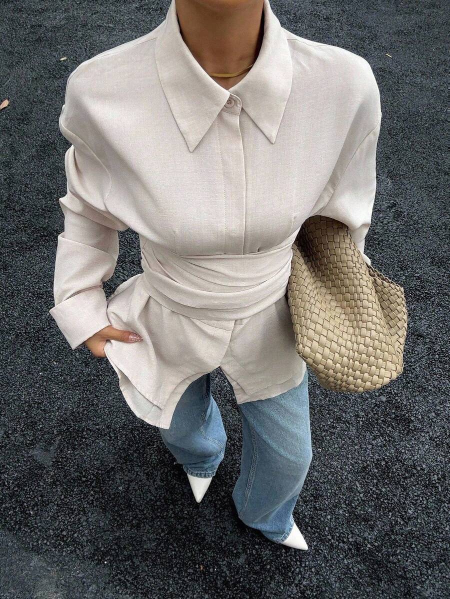 Siren Gaze 新款秋季女式休闲长袖衬衫，前扣开合，腰部收紧 - 杏色 - 查看 1