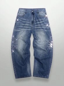 NEON BLANC Rhinestone Embellished Flared Leg Casual Jeans - Blue - View 1