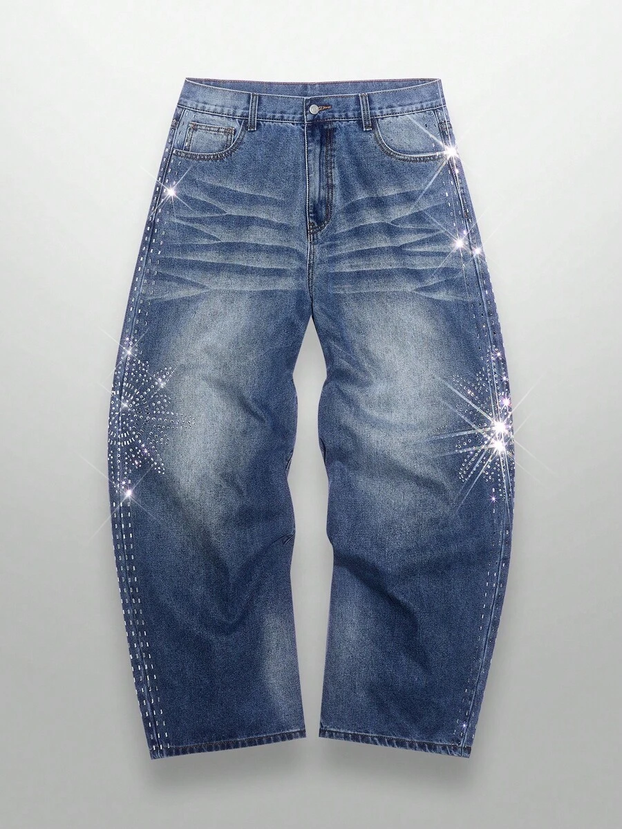 NEON BLANC Rhinestone Embellished Flared Leg Casual Jeans - Blue - View 1
