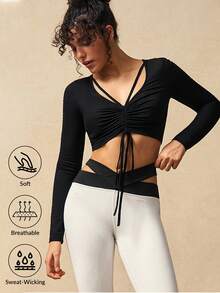 VARSIVA T-shirt de sport ajusté à manches longues avec design à cordon de serrage, couleur unie pour femmes - Noir - Voir 2