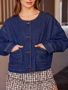 WESTFADE 圆领长袖纽扣前牛仔夹克 可爱秋季女式乡村音乐会夹克 - 深色水洗藍 - 查看 7