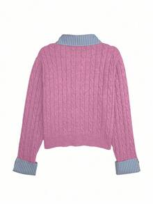 Zielony Fashionable Blogger-Inspired 2 In 1 Patchwork Knit Cropped Cardigan, European And American Style Pastel Retro Preppy 90s Aesthetic Cardigan - Pink - View 2