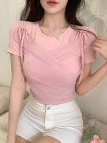 DAZY 女士夏季圆领网眼拼接甜美可爱短袖T恤