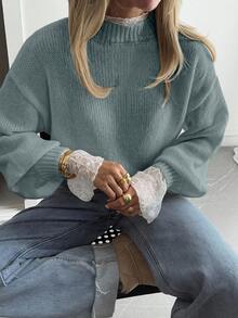 Livesso New Autumn Loose Casual Lace Patchwork Women Sweater - Green - View 1