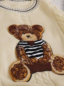 SHEIN 少女圆领宽松针织毛衣上衣，可爱小熊图案，纹理罗纹针织，秋冬休闲校园风格 - 杏色 - 查看 4