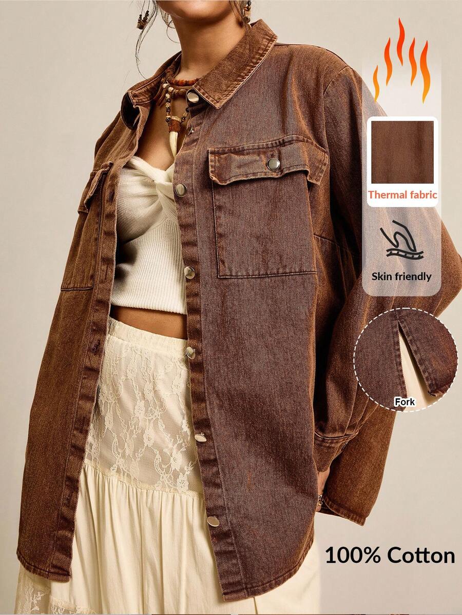SHEIN LUNE 大码女式秋季长袖单排扣工装口袋休闲宽松外套，适合秋冬季节、万圣节、圣诞节等场合，也可作为日常休闲、商务休闲或教师穿着。