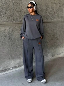 SHEIN Teenager Mädchen 2 Stücke Set: Locker sitzender Rundhals-Sweatshirt mit Patch-Dekor & weite Hose, lässiger Hausanzug