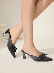 CUCCOO CHICEST Women's Elegant Bow-Knot Square Toe Block Heel Pumps, Romantic Fashion Gothic Black Satin High Heels, Mules, Dress Shoes For Formal, Party, Date, Thanksgiving, Christmas, Valentine's Day - Black - View 4