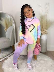 SHEIN Bộ 2 món/Bộ áo hoodie trễ vai phối viền bất đối xứng nhuộm loang màu cho bé gái và quần bó, trang phục thường ngày thoải mái khi đi học và mặc hàng ngày, phù hợp cho mùa thu/đông, phong cách đường phố, Bộ đồ 2 món Y2K cho bé gái Bộ đồ thoải mái cho bé gái Bộ đồ 2 món tay dài cho bé gái Bộ đồ 2 món khi trở lại trường - Nhiều màu - Xem 5