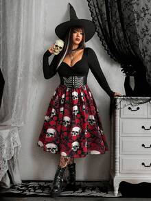 Whyspr Grunge Punk Halloween Große Größen Damen Sexy Figurbetonte Lässig Vielseitige Asymmetrische A-Linie Spitze Mesh Patchwork Muster Langarm Kleid, Punk Stil geeignet für Rückkehr zur Schule, Halloween, Herbstmode für Frauen - Verschiedenfarbig - Übersicht 6