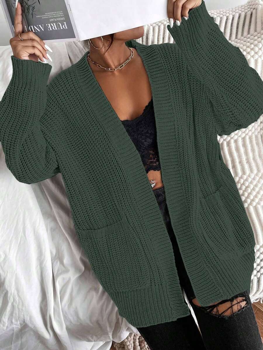 SHEIN Cottnline Women's Casual Everyday Commute Simple Solid Color Patchwork Pocket Cardigan, Autumn/Winter - Army Green - View 1