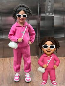 SHEIN 两件套女童圆领卫衣和松紧腰裤套装，可爱休闲字母印花，适合秋冬季节穿着，可用于上学、外出、日常穿着、家庭聚会，也可作为姐妹装。粉色女童运动套装，拉链女童运动服套装，粉色运动服套装，女童运动服，粉色运动服，粉色运动服，女童粉色运动服，粉色运动服，女童粉色运动服，女童粉色运动服，女童粉色运动服，幼儿运动服套装，秋季 - 玫紅色 - 查看 6