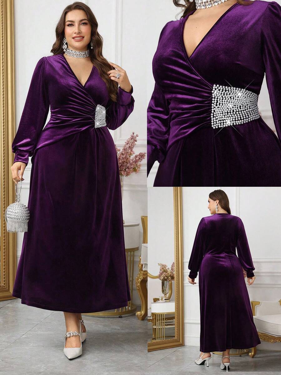 Modelyn Elegant Velvet Pearl Decor V-Neck Long Sleeve Ruched A-Line Plus Size Dress, Suitable For Spring And Autumn - Purple - View 1