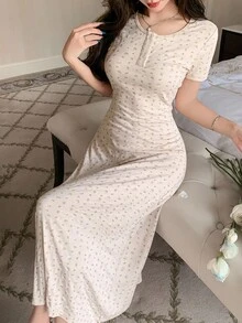 DAZY Ditsy Floral 束腰长款女士睡袍睡衣 - 杏色 - 查看 6