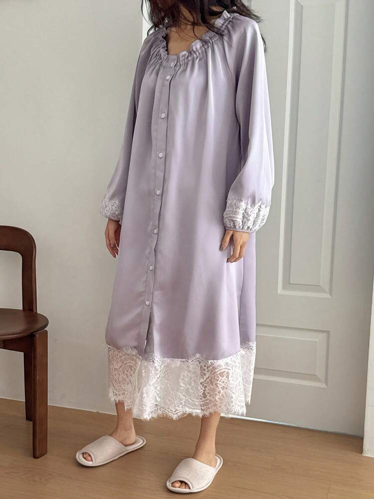 Charming Satin Contrast Color Lace Patchwork Women's Nightgown Pajama, Winter
