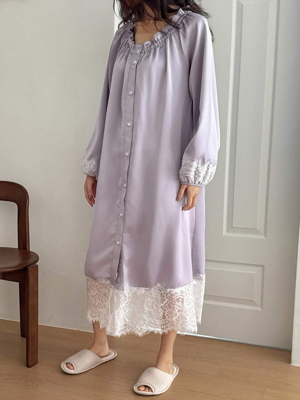 Charming Satin Contrast Color Lace Patchwork Women's Nightgown Pajama, Winter