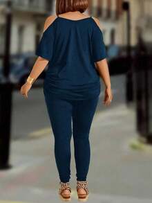 Plus Size Round Ring Decoration Zipper Shoulder-Baring Sleeve Top And Solid Color Long Pants Summer Casual 2pcs/Set - Navy Blue - View 2