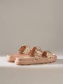 Solecia Women's New Studded Double Strap Inflated Sole Gold Buckle Lotus Root Pink Sandals, Casual Holiday Vacation Style - Dusty Pink - View 4