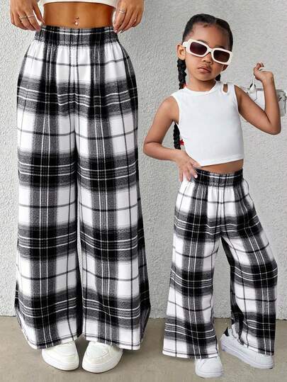 SHEIN Young Girls Plaid Daily Wear Microfleece Football/Soccer Black And White Sportswear Wide Leg Pants Plaid Wide-Leg Pants For Tween Girls With Relaxed Fit Stylish Black And White Plaid Pants For Tween Girls Comfort Ble Tween Girls Checkered Pants For Everyday Wear Black And White Plaid Pants Plaid Pajama Pants Streetwear Plaid Pants Oversized Plaid Pants Casual Plaid Pants Halloween Y2k Autumn And Winter Fall Pants Loose For Girls Wide Leg Pants Girls Flare Pants Teenagers