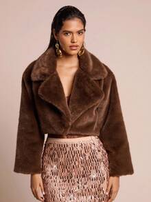 Glamine Retro Coffee Mink Collar Cropped Jacket - Coffee Brown - View 6