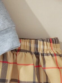 Souflis Souflis 2pcs/Set Baby Girl French Academy Style Light Gray Versatile Thick Sweatshirt Paired With Yellow Plaid Skirt, Autumn/Winter Fall - Grey - View 8