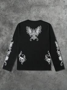 ROMWE MEN Goth Men's Street Dark Skull & Floral English Graphic Print Long Sleeve T-Shirt, Spring/Autumn - Black - View 2