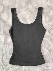 SHEIN 少女基本款白色圆点罗纹白色休闲百搭背心，金属纽扣，工字背心 - 深灰色 - 查看 2