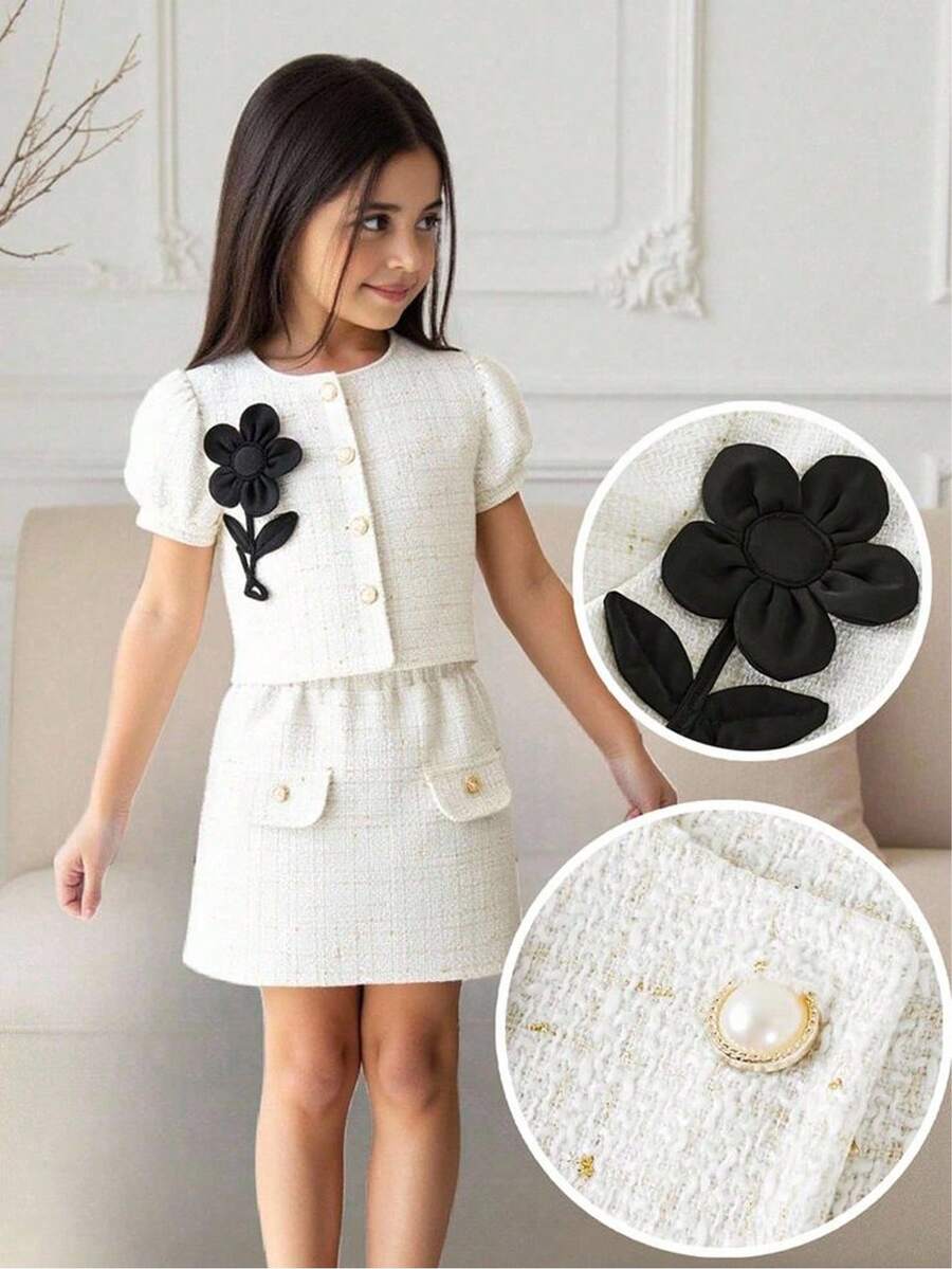 SHEIN 年轻女孩优雅白色粗花呢3D花卉泡泡袖夹克和裙子套装 - 白色 - 查看 1