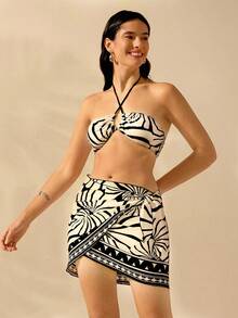 CAJUNI Women's Boho Shell Print Holiday Casual Summer Beach Swimming Wrap Short Swimsuit Skirt Smock, Sarong