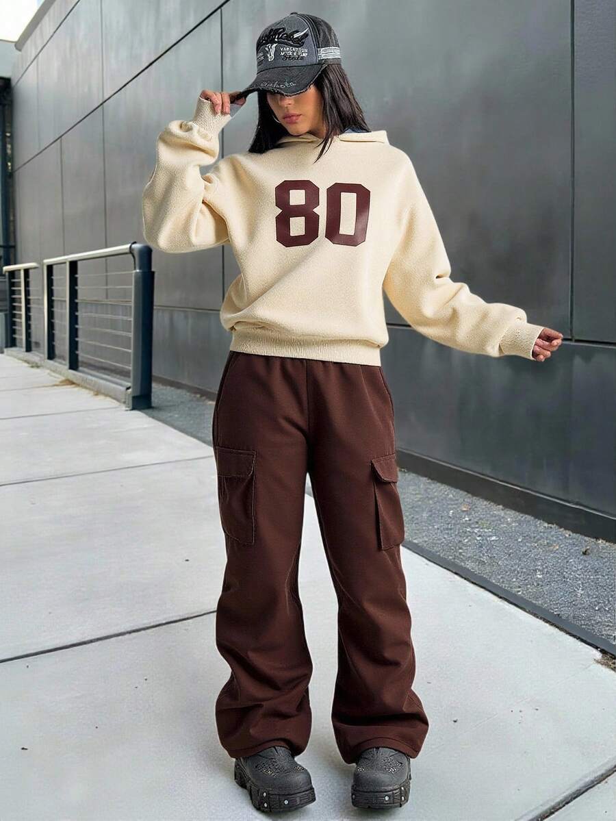 SHEIN Teen Girl Solid Color Numeric Print Hooded Sweatshirt With Cargo Pocket & Pants Two Pieces Tracksuit, Casual For Autumn/Winter - Beige - View 1