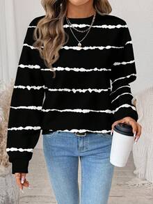 EMERY ROSE Back To School, Teacher's Day, Halloween Versatile Casual Minimalist Colorblock Black & White Tie-Dye Striped Print Crew Neck Loose Fit Women Sweatshirt, Suitable For Autumn/Winter