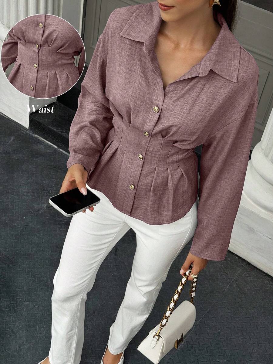 EMERY ROSE Women's Casual Front Button Waist Shirt - Mauve Purple - View 1