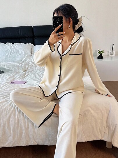 Dream Adore Contrast Lapel Loose Long Sleeve Pajama Set, Fall Clothes Set Women Sleep Wear Pyjama view 6