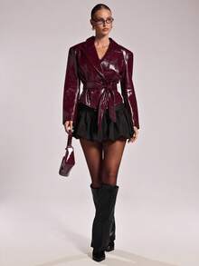 SHEIN BAE Women's Solid Color PU Leather Long Sleeve Belted Fashion Jacket, Autumn,Winter ,Women's Winter Jacket ,Burgundy Jacket,Elegant Jacket For Women Leather Jacket For Women,Red Leather Jacket,Fall