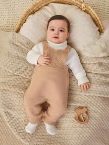 Cozy Pixies Newborn Baby Girl/Boy Striped Contrast Color Cable Pattern Jumpsuit With Suspenders, Comfortable And Soft Romper Baby Set Autumn Winter Season Neutral Baby Clothes Baby Knitwear Brown Baby Clothes Mocha Baby Clothes Fall - Khaki - View 3
